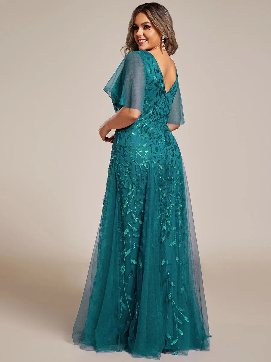 Deep V Neck Wholesale Sequin Evening Gown With Short Sleeves