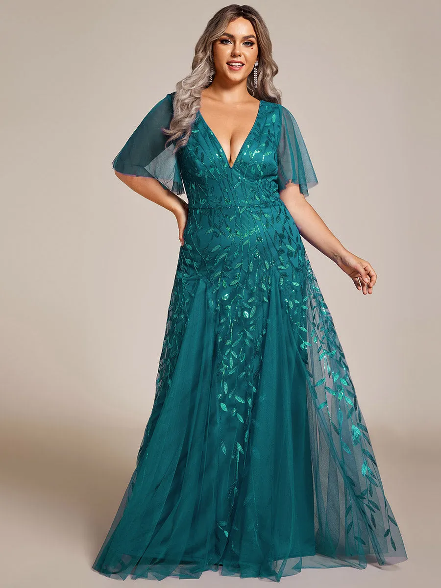 Deep V Neck Wholesale Sequin Evening Gown With Short Sleeves