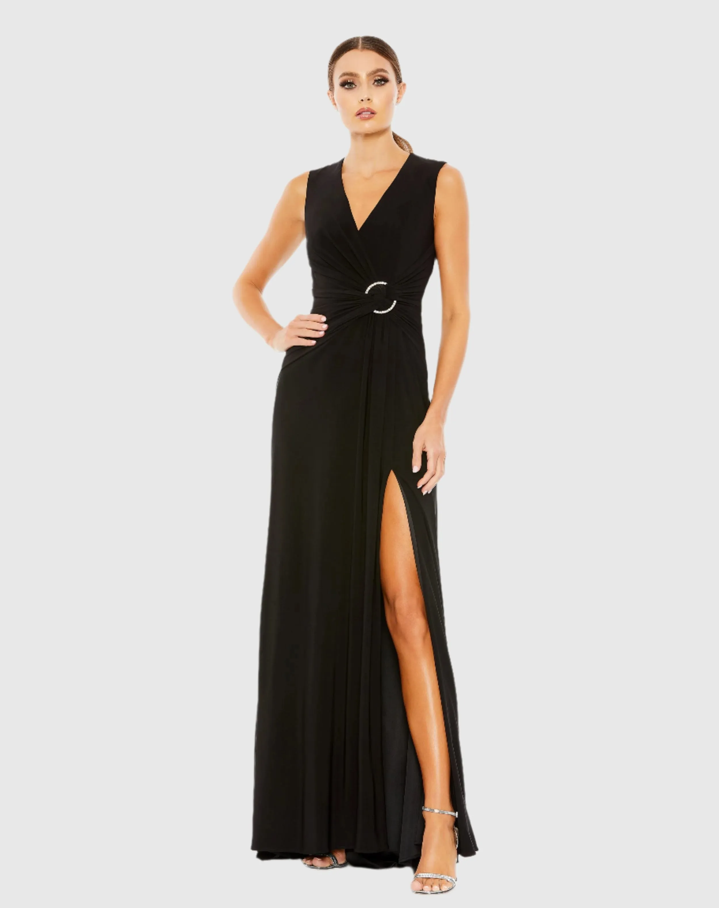 Draped Side Knot Jersey Gown w/ Rhinestone Ring