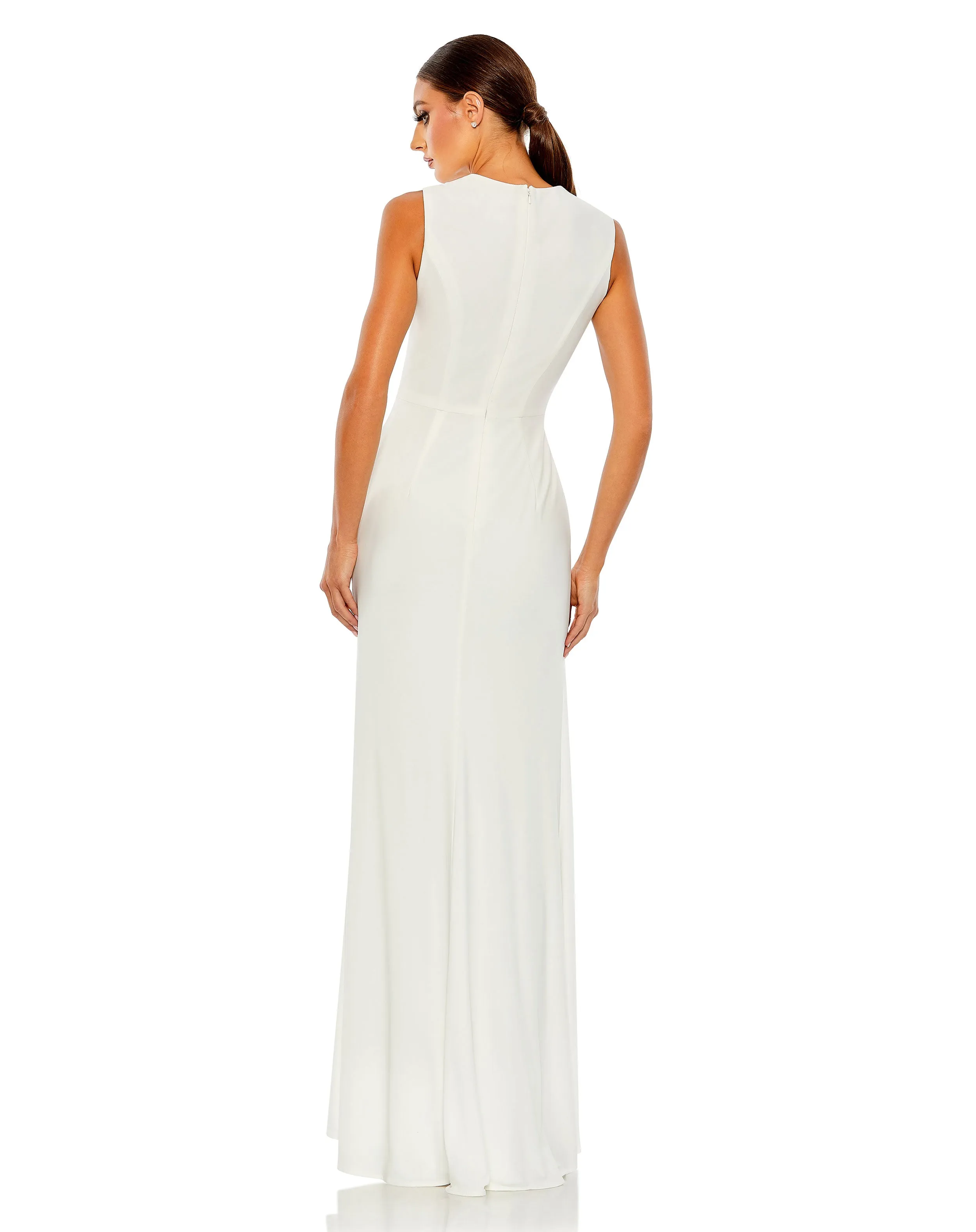 Draped Side Knot Jersey Gown w/ Rhinestone Ring