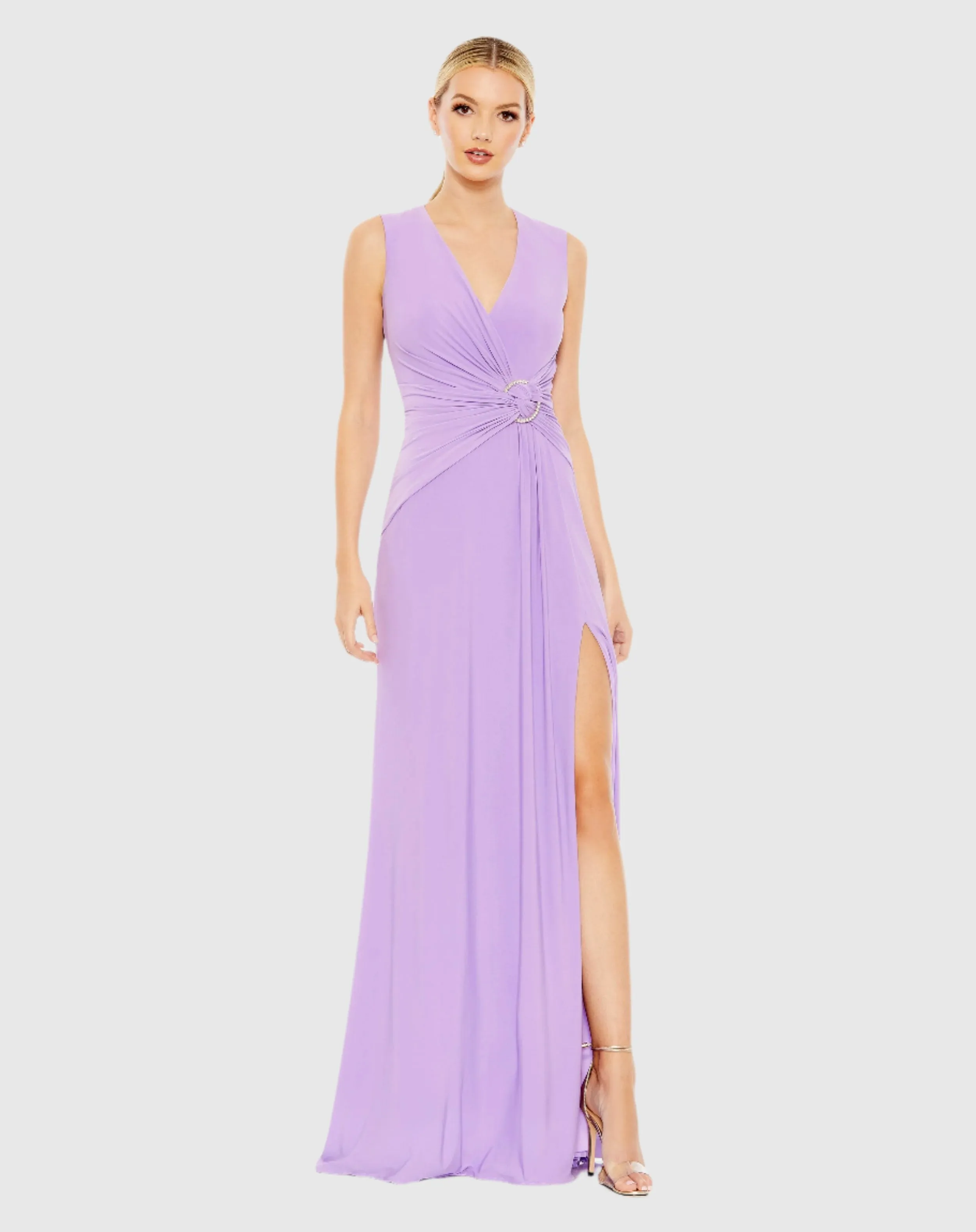 Draped Side Knot Jersey Gown w/ Rhinestone Ring