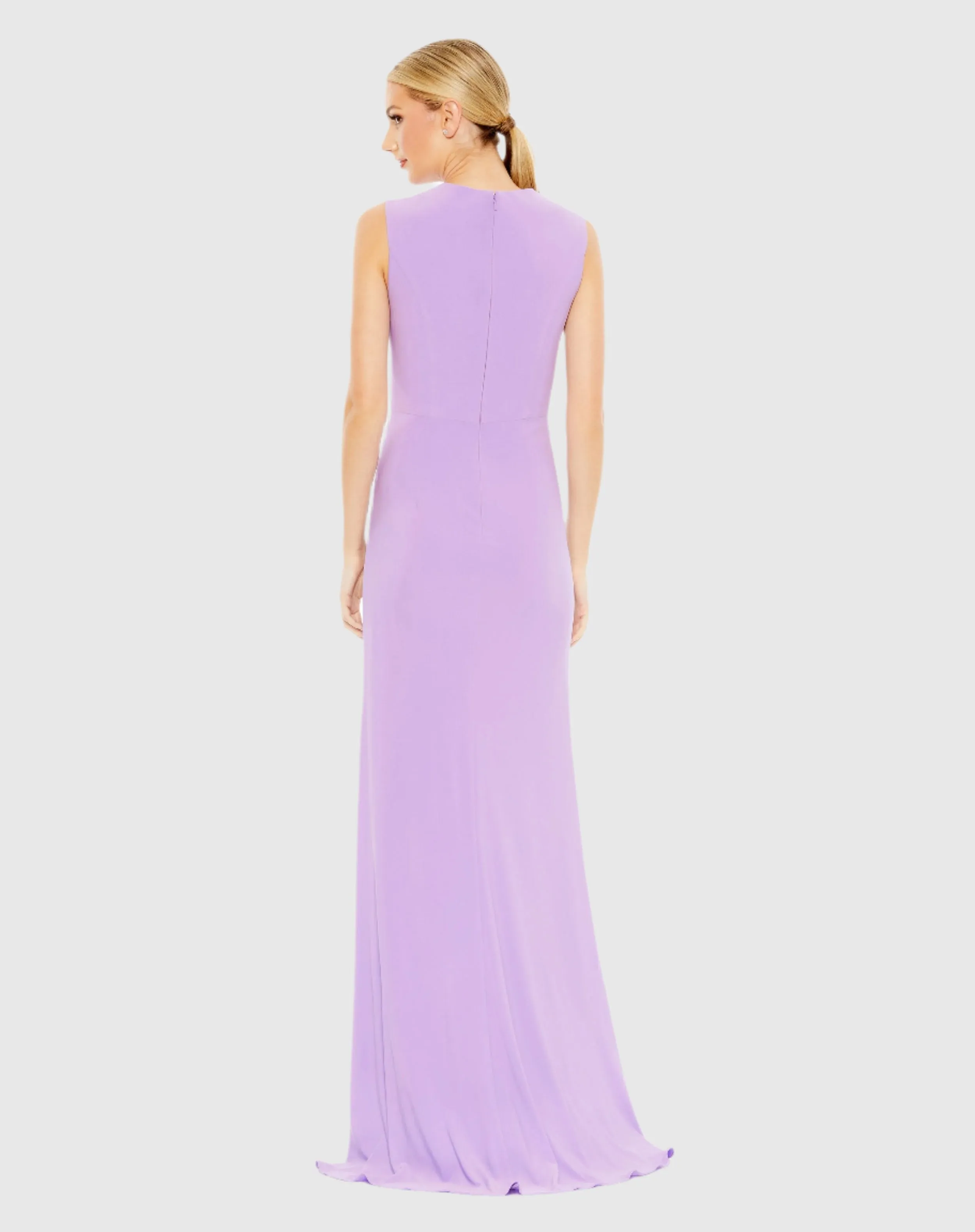 Draped Side Knot Jersey Gown w/ Rhinestone Ring