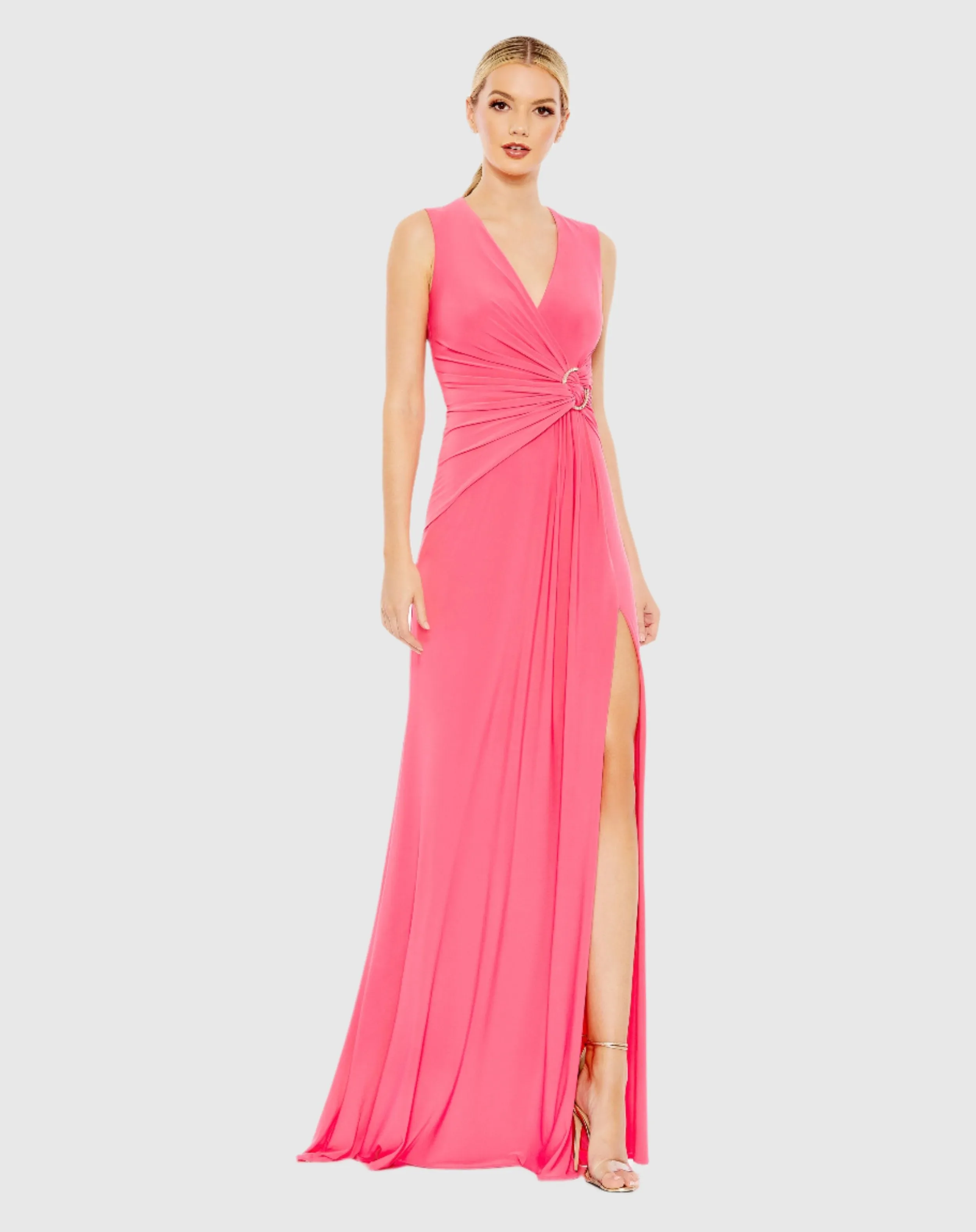 Draped Side Knot Jersey Gown w/ Rhinestone Ring