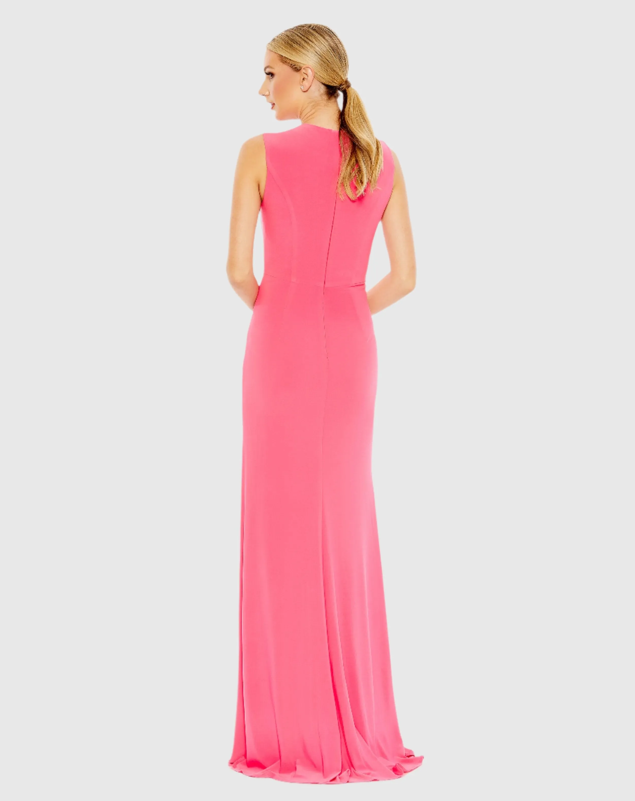 Draped Side Knot Jersey Gown w/ Rhinestone Ring