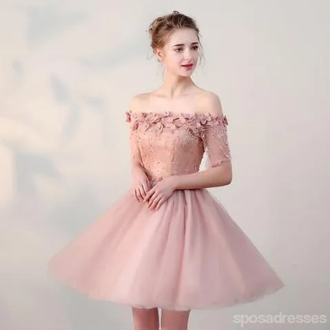 Dusty Pink Off Shoulder Short Sleeves Cheap Homecoming Dresses 2018, CM546