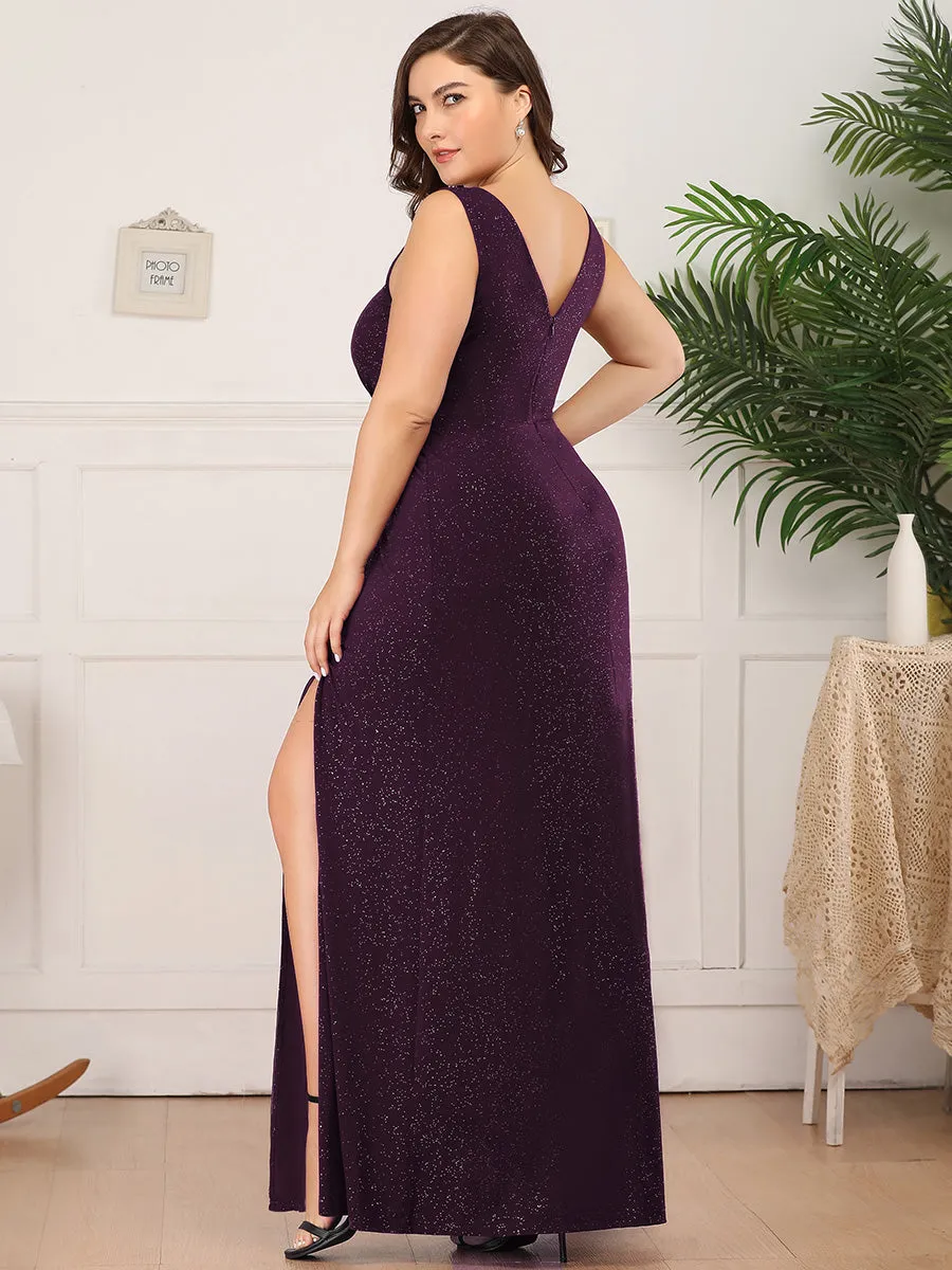 Floor Length V Neck Shimmery Wholesale Plus Size Evening Dresses