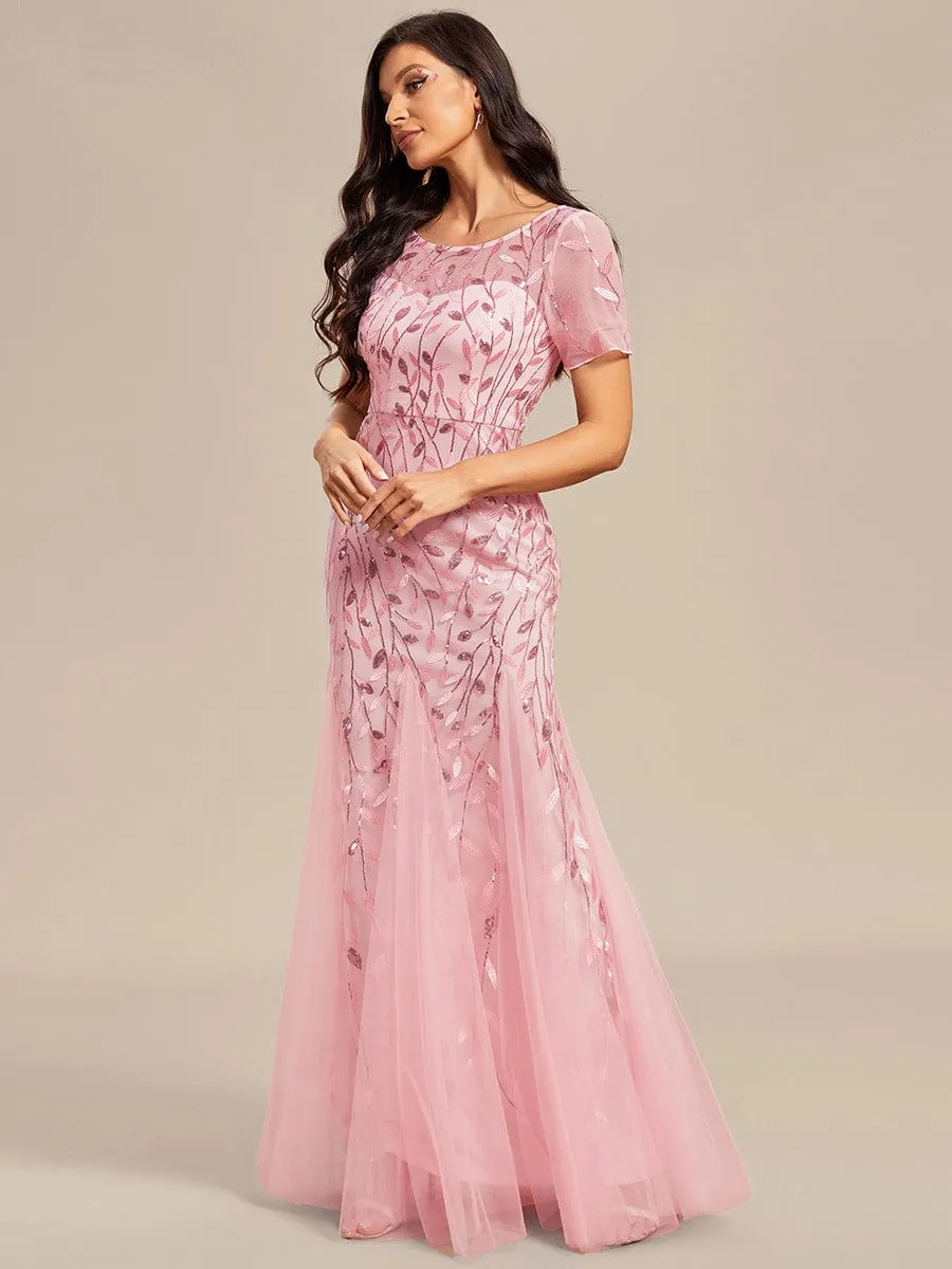 Floral Sequin Maxi Fishtail Tulle Prom Dress with Short Sleeve