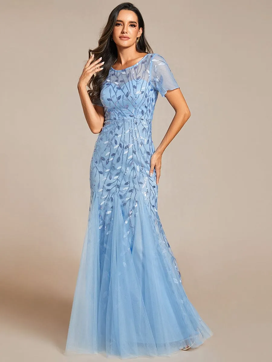 Floral Sequin Maxi Fishtail Tulle Prom Dress with Short Sleeve