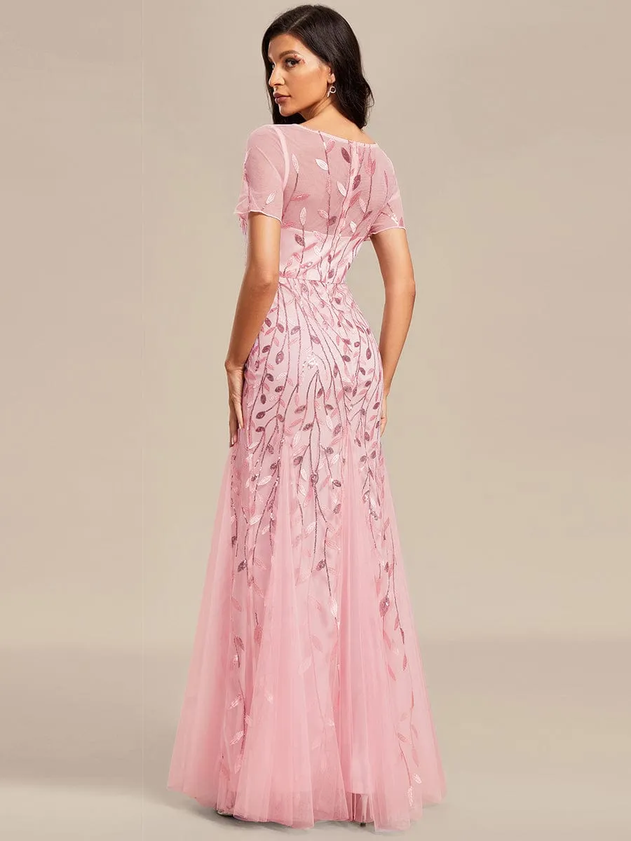 Floral Sequin Maxi Fishtail Tulle Prom Dress with Short Sleeve