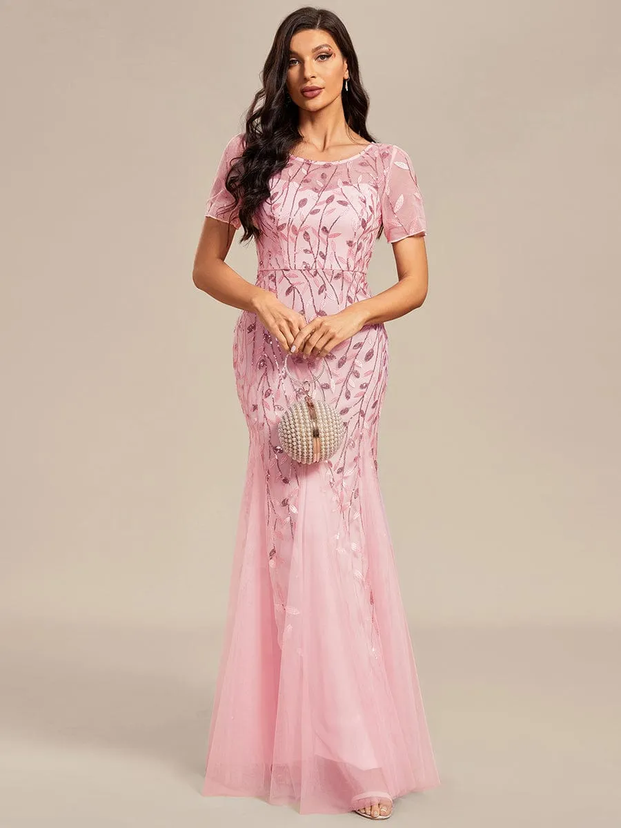 Floral Sequin Maxi Fishtail Tulle Prom Dress with Short Sleeve