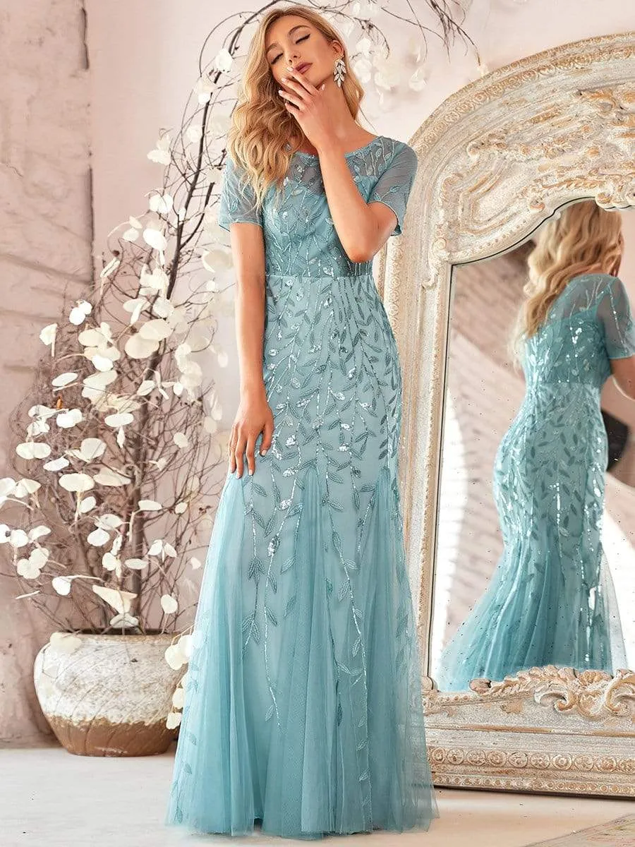 Floral Sequin Maxi Fishtail Tulle Prom Dress with Short Sleeve