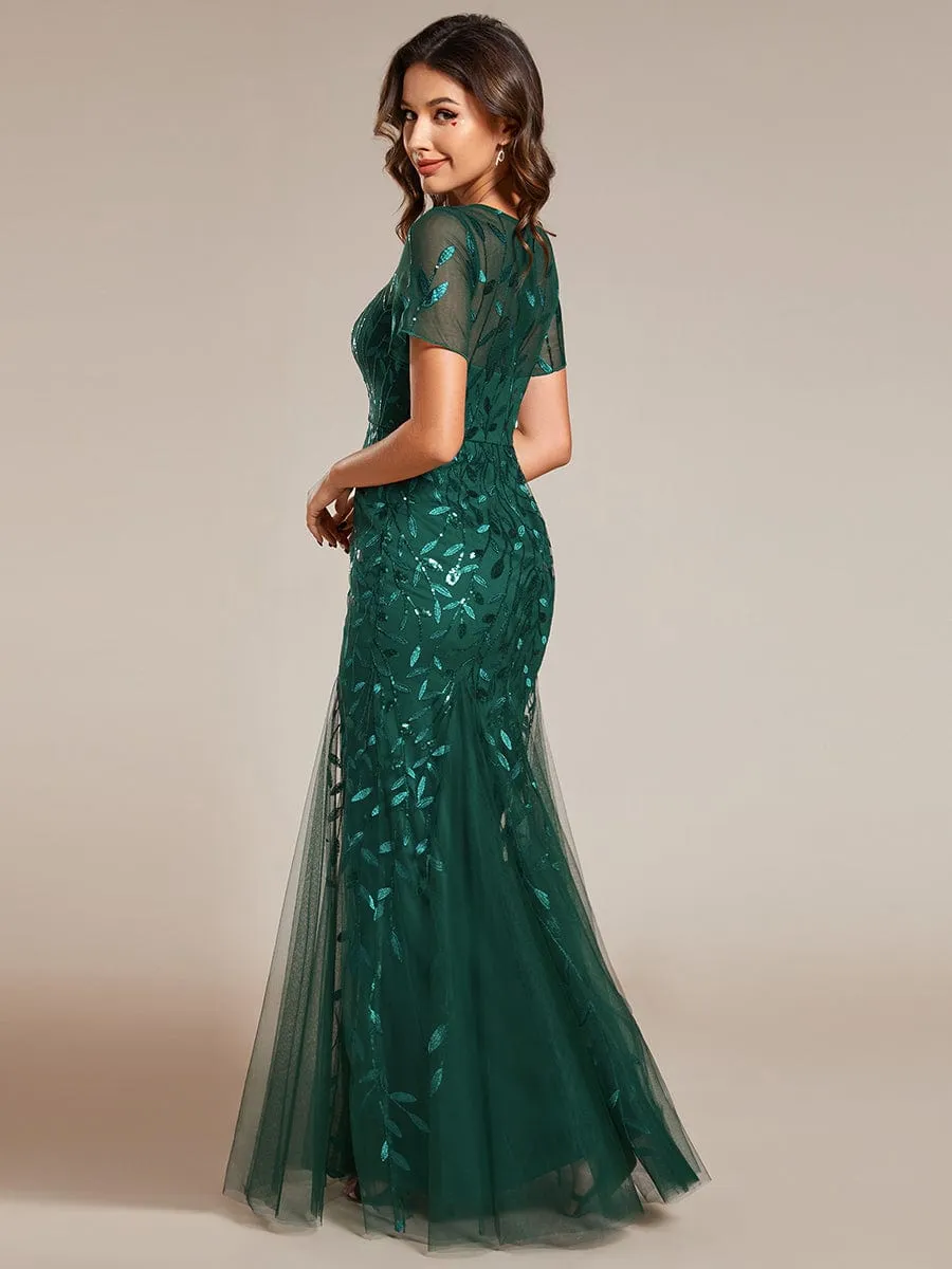 Floral Sequin Maxi Fishtail Tulle Prom Dress with Short Sleeve