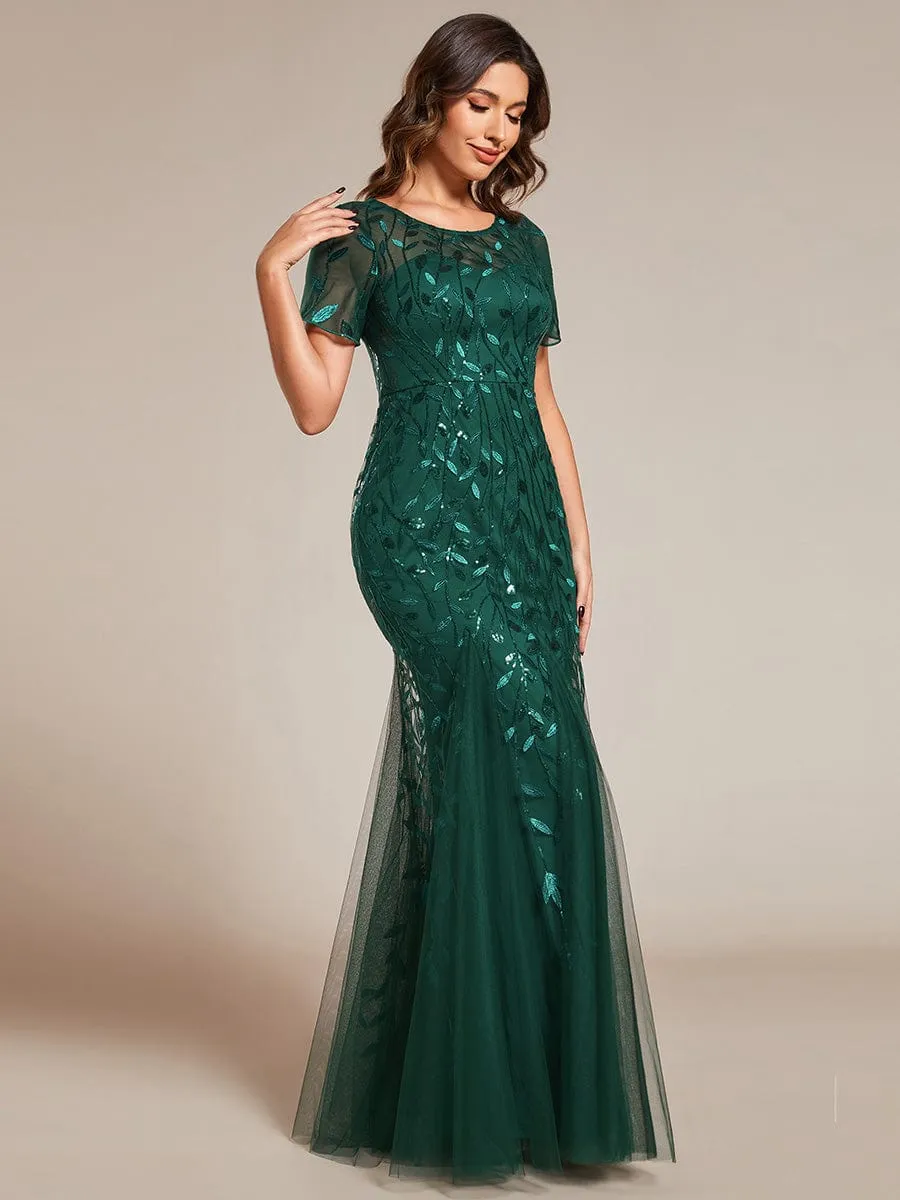 Floral Sequin Maxi Fishtail Tulle Prom Dress with Short Sleeve