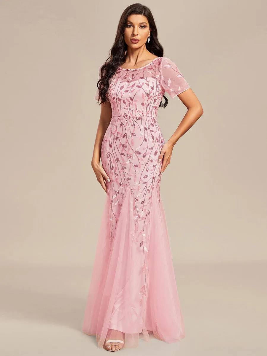 Floral Sequin Maxi Fishtail Tulle Prom Dress with Short Sleeve