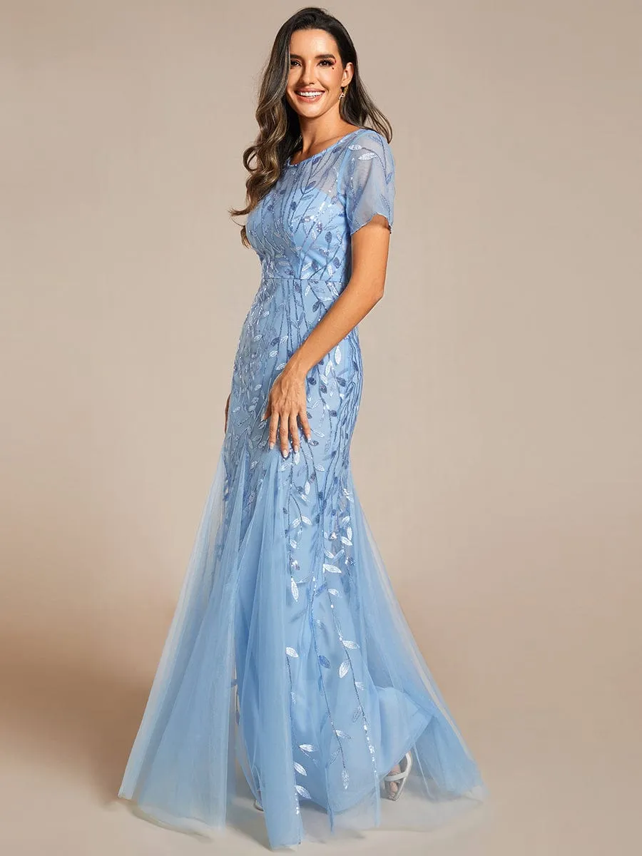 Floral Sequin Maxi Fishtail Tulle Prom Dress with Short Sleeve