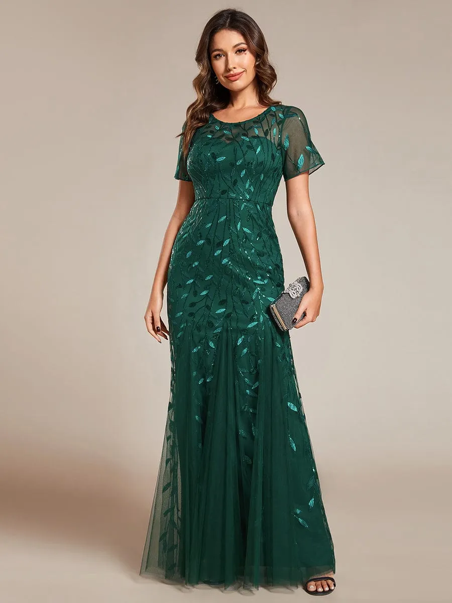 Floral Sequin Maxi Fishtail Tulle Prom Dress with Short Sleeve