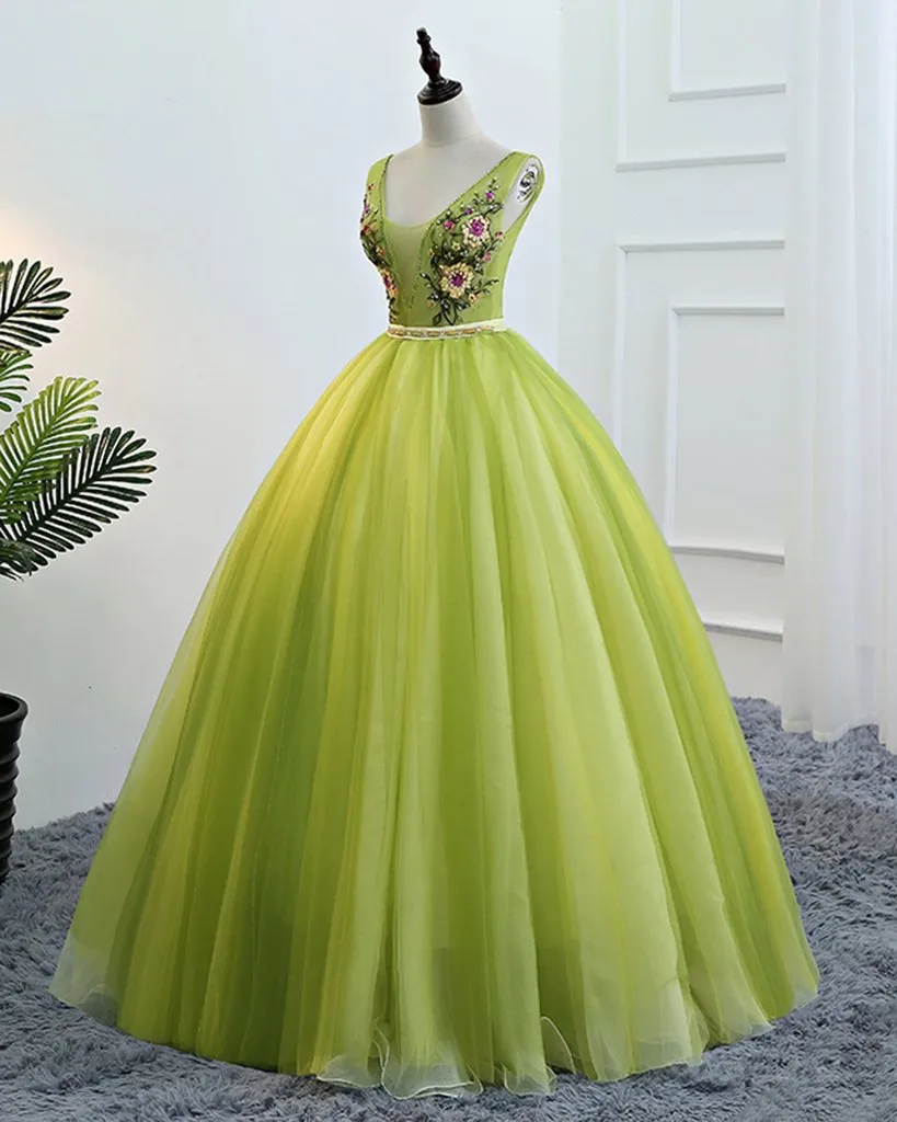 Fresh Green Tulle V Neck Long Lace Up Senior Prom Dress With Applique KS7481