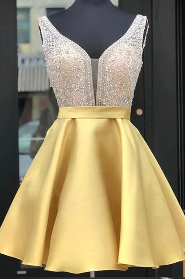 Gold Satin Backless Mini V-neck Beaded Homecoming Dresses | Short Party Dress, SH452