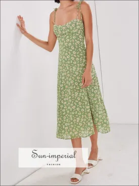 Green Floral Tie Strap Split front Corset Style Midi Dress