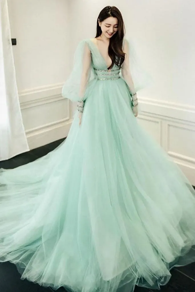 Green v neck tulle long prom dress green evening dress P7871