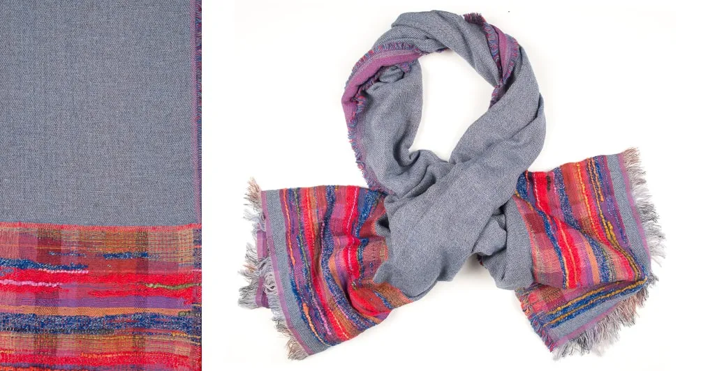 Grey Wool Scarf with Striped Border