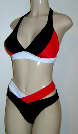 Halter bikini top and high waisted strappy bikini bottom