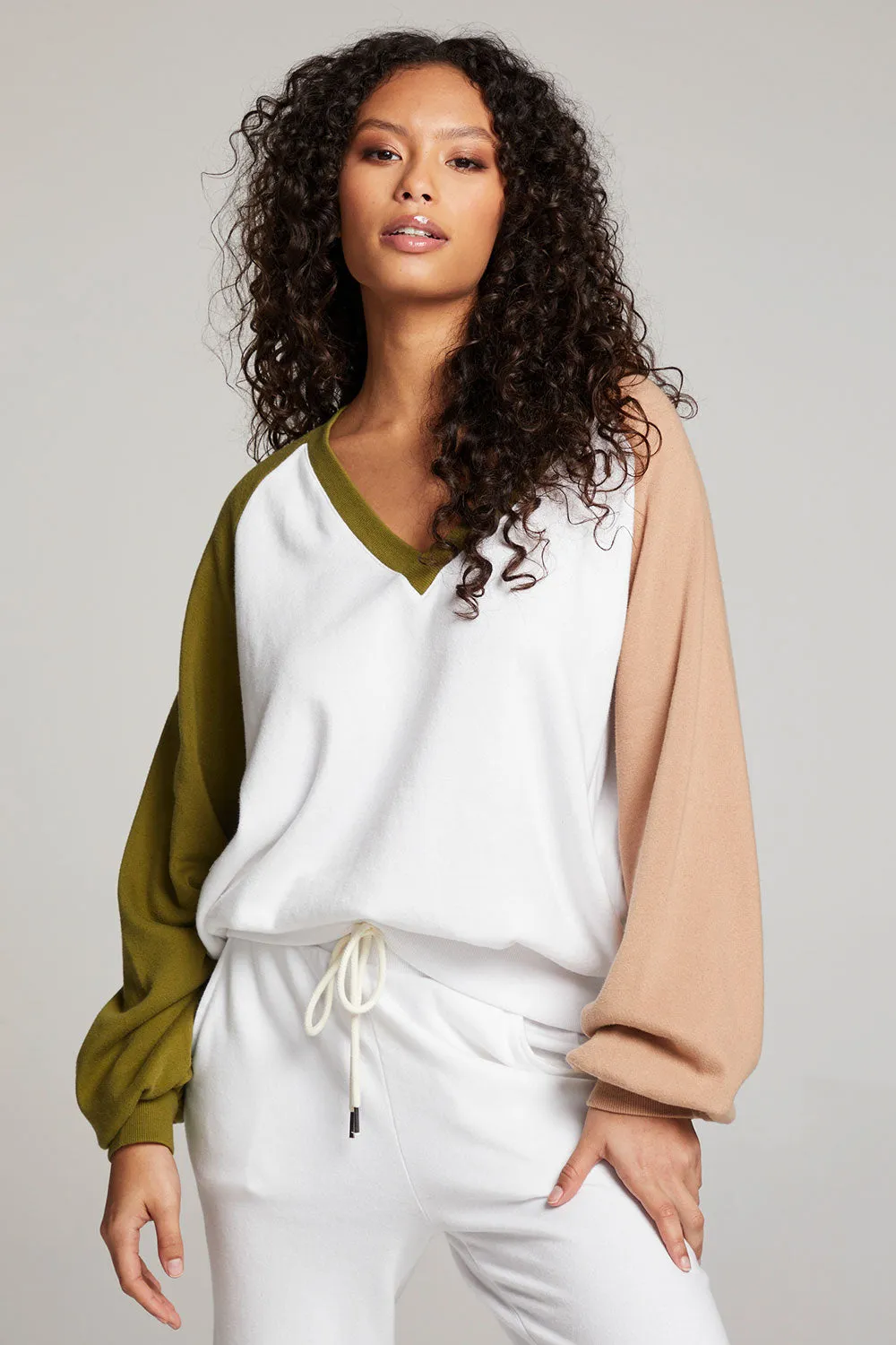 Hannah Sand Color Block V Neck Pullover