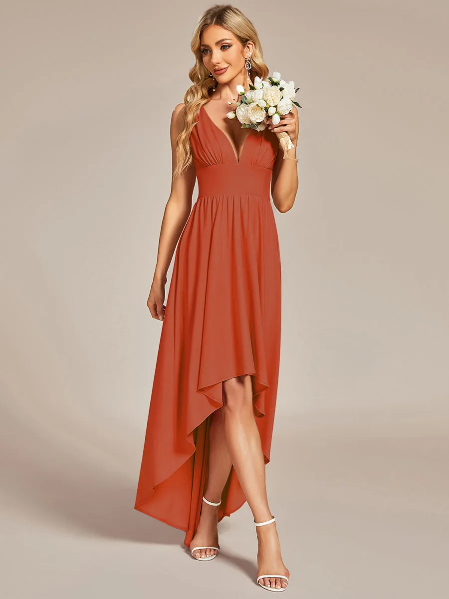 High Low Deep V Neck Sleeveless Wholesale Bridesmaid Dresses