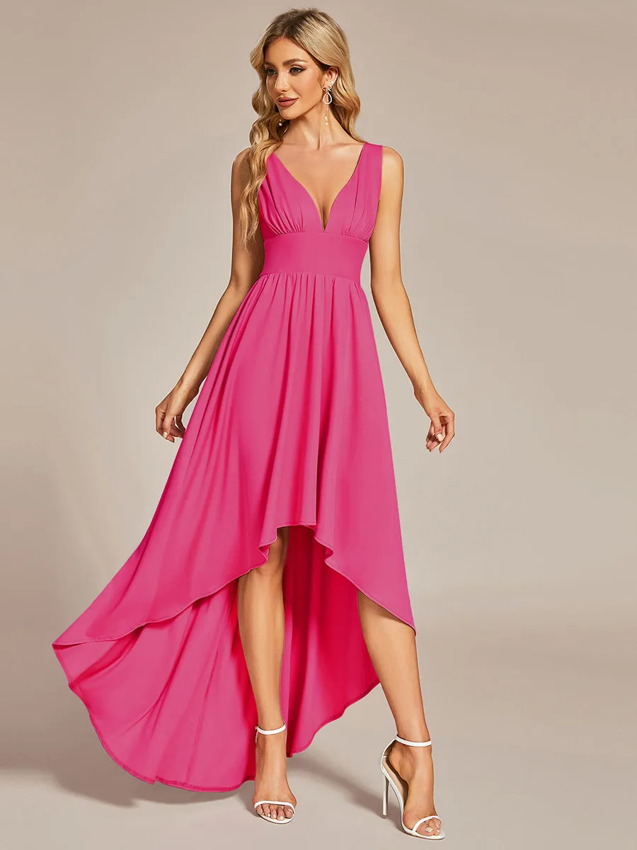 High Low Deep V Neck Sleeveless Wholesale Bridesmaid Dresses