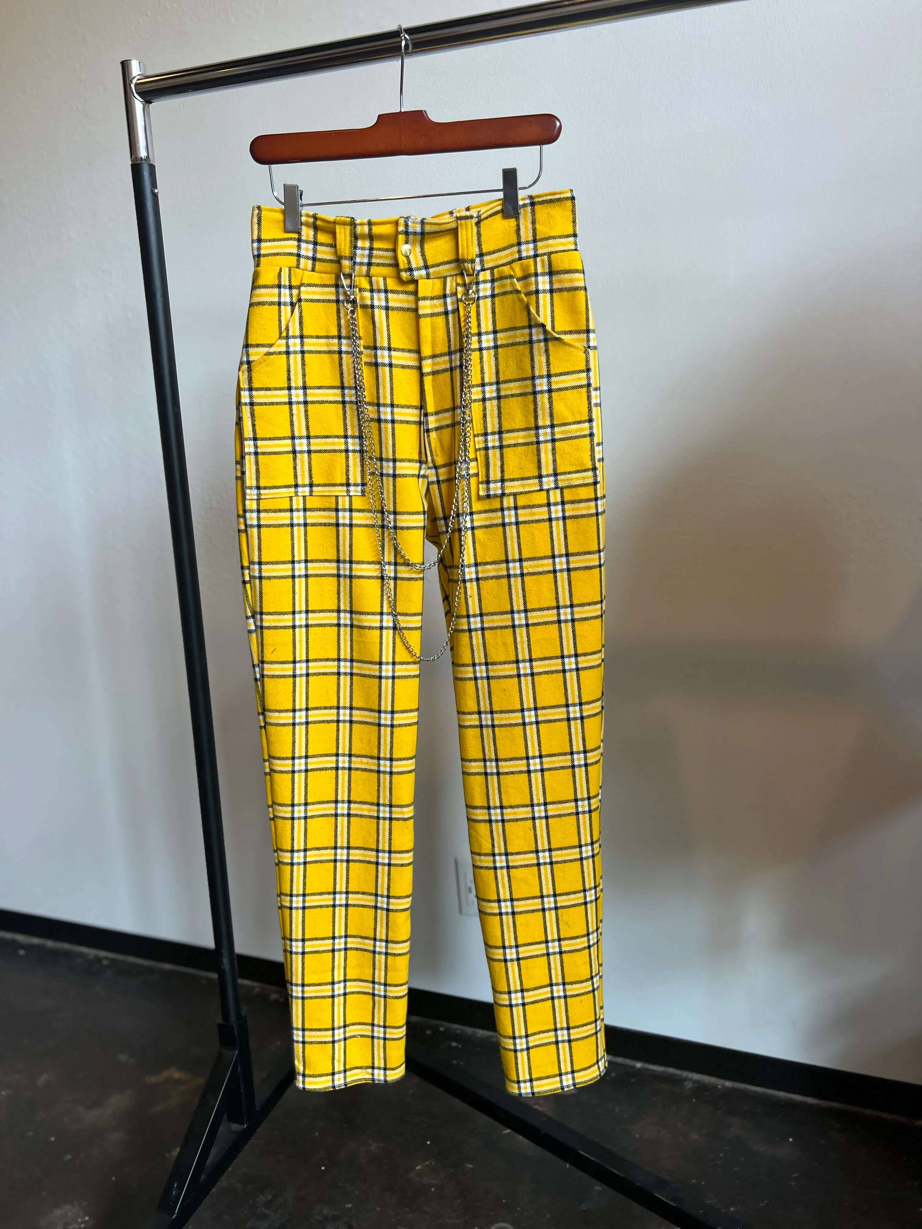 High Waisted Tartan Plaid Pants With Chain