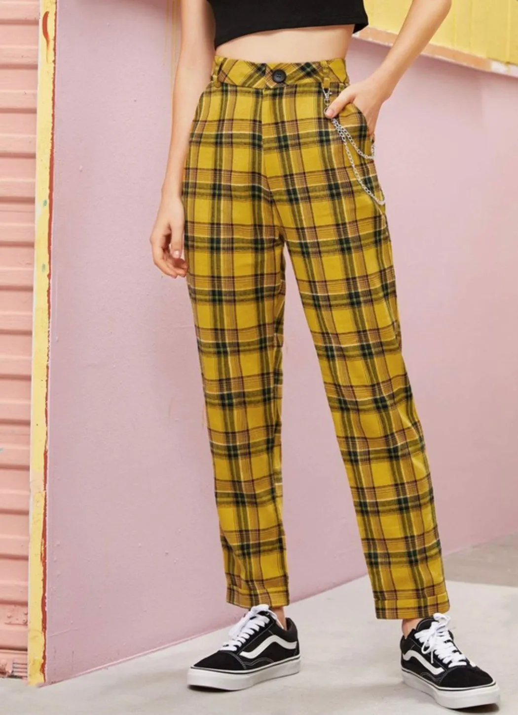 High Waisted Tartan Plaid Pants With Chain