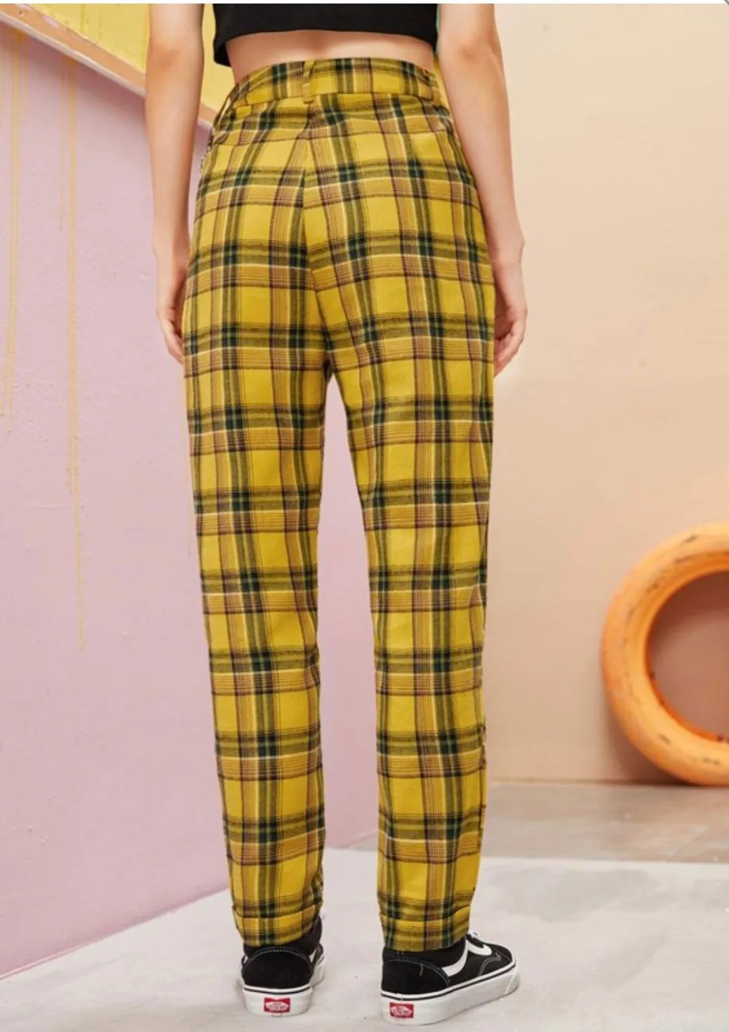 High Waisted Tartan Plaid Pants With Chain