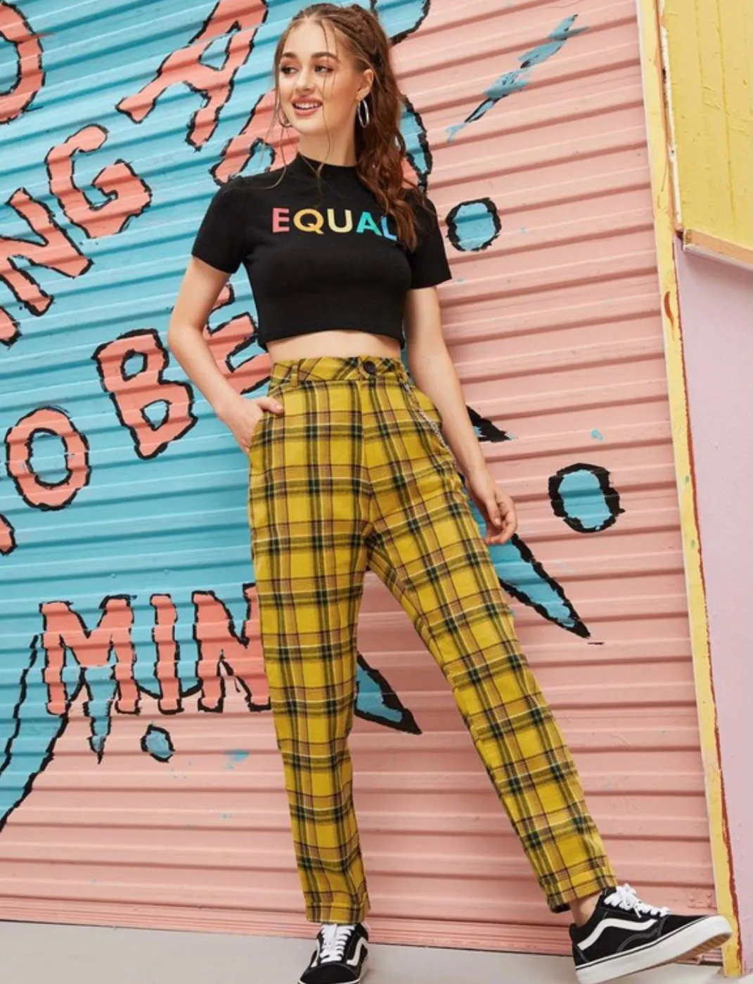 High Waisted Tartan Plaid Pants With Chain