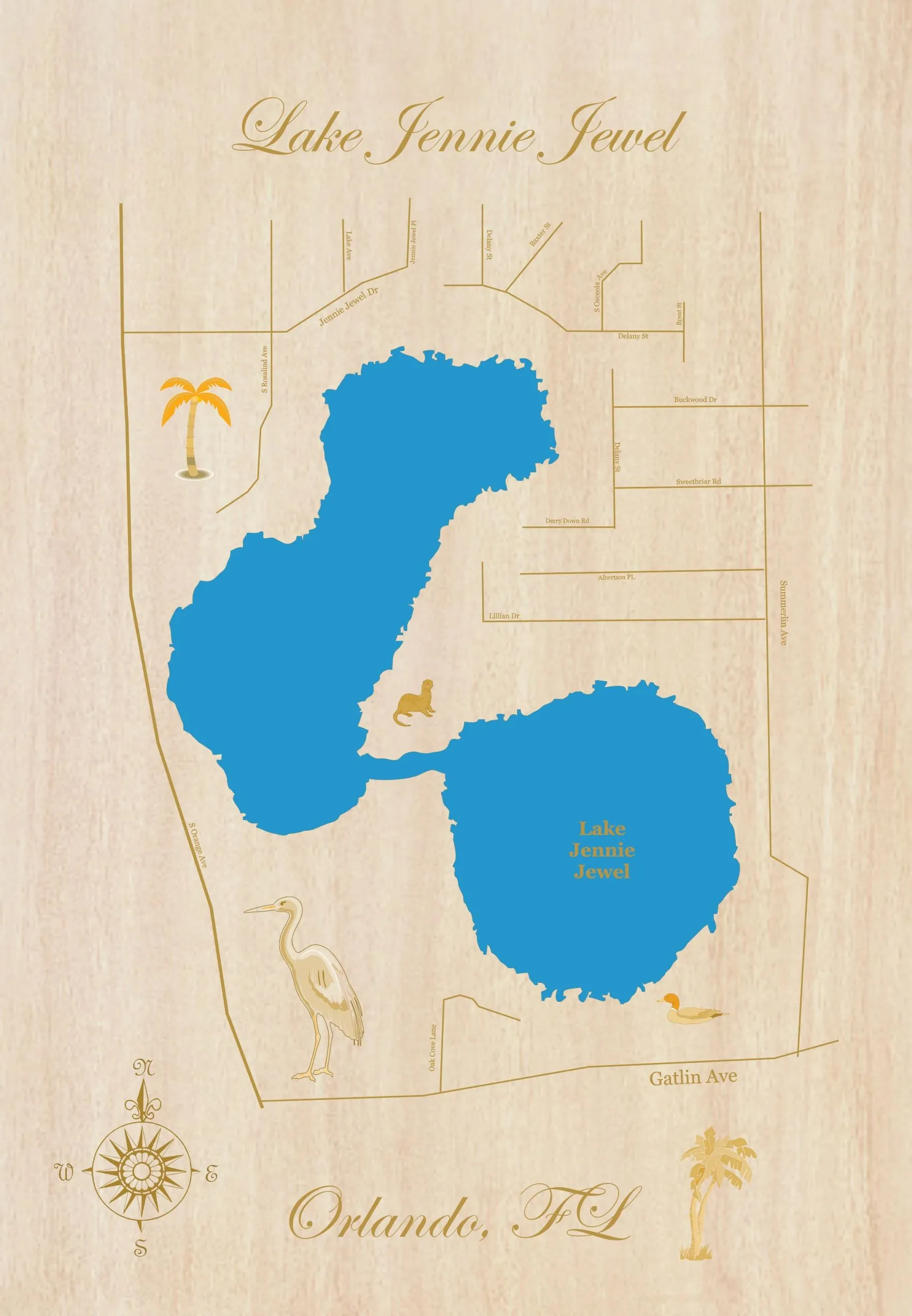 Jennie Jewel Lake, FL - Laser Cut Wood Map