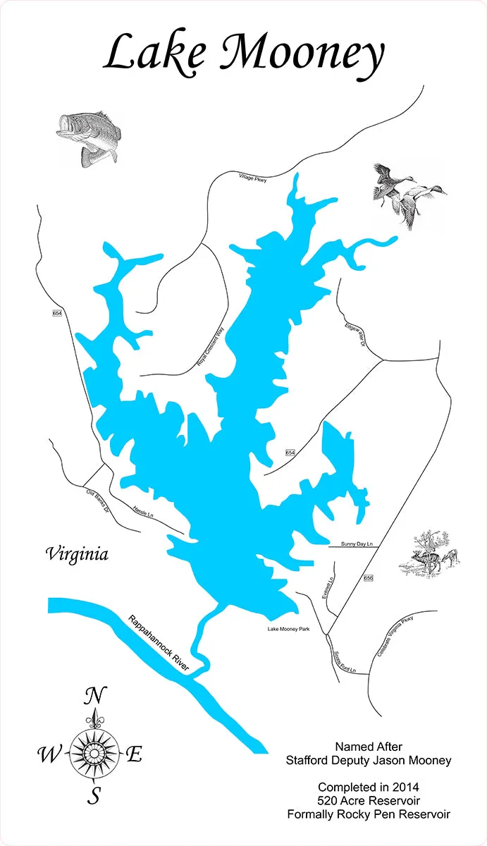 Lake Mooney, Virginia - Laser Cut Wood Map