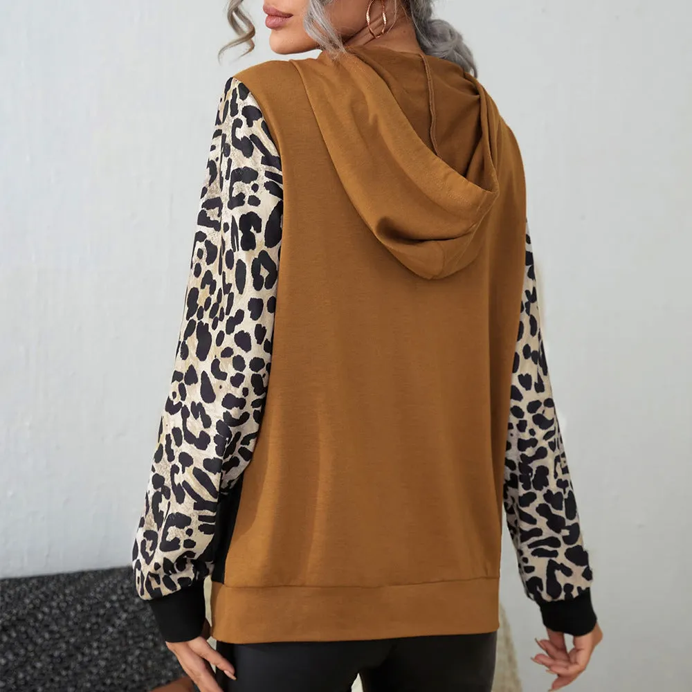 Leopard Color Block Tunic Hoodie with Kangaroo Pocket