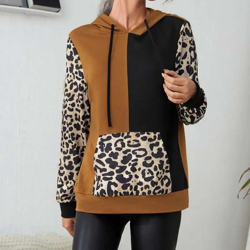 Leopard Color Block Tunic Hoodie with Kangaroo Pocket