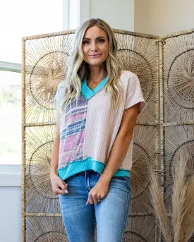 Maya Color Block V Neck Top - Turquoise & Cream