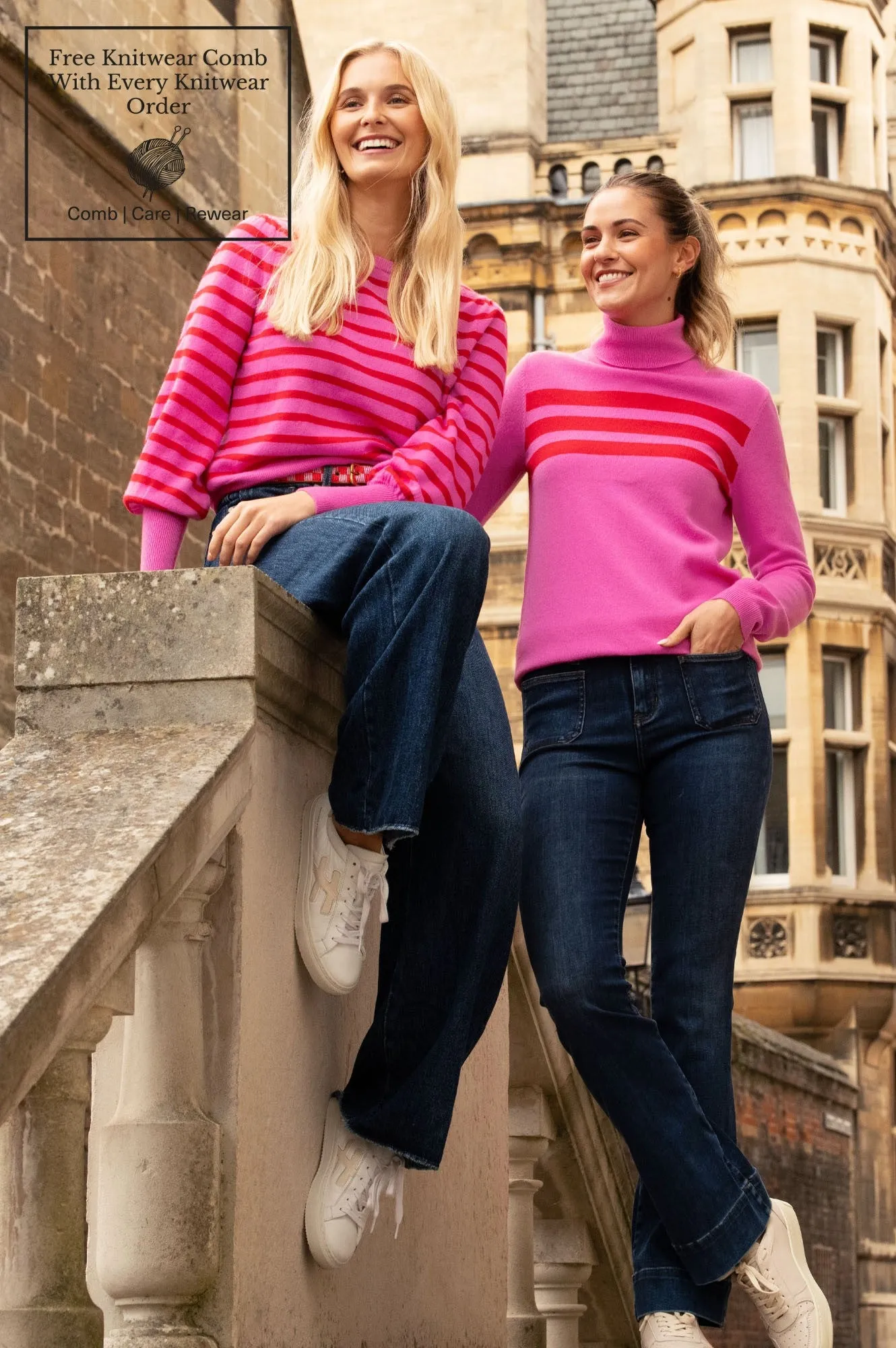 Merino Wool Striped Crew Neck Jumper | Pink/Red