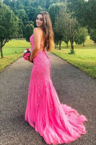 mermaid bright pink lace appliqued long evening dress prom dress P8239