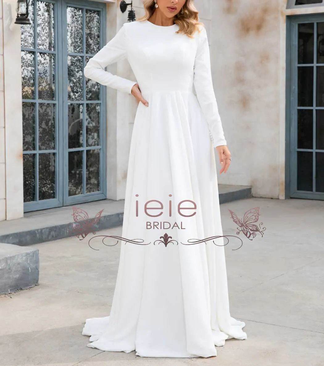 Minimal Simple Crepe Wedding Dress with Long Sleeves X1001