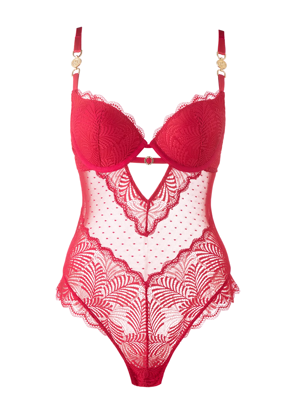 OLIVIA Sexy Push-Up Mesh Berry Red Lace Bodysuit