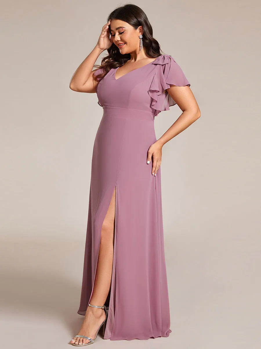 Plus Split Ruffles Sleeves with Bowknot V-neck Chiffon Bridesmaid Dress