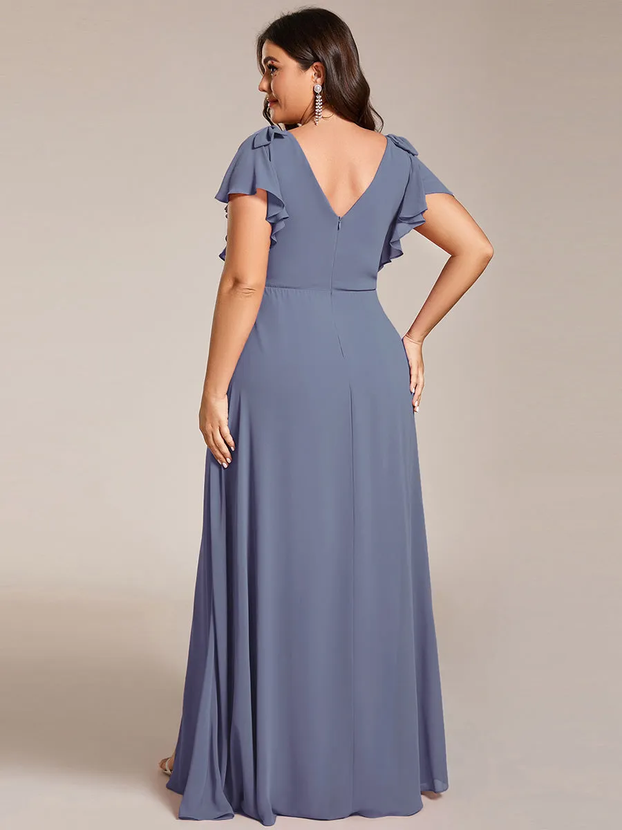 Plus Split Ruffles Sleeves with Bowknot V-neck Chiffon Bridesmaid Dress