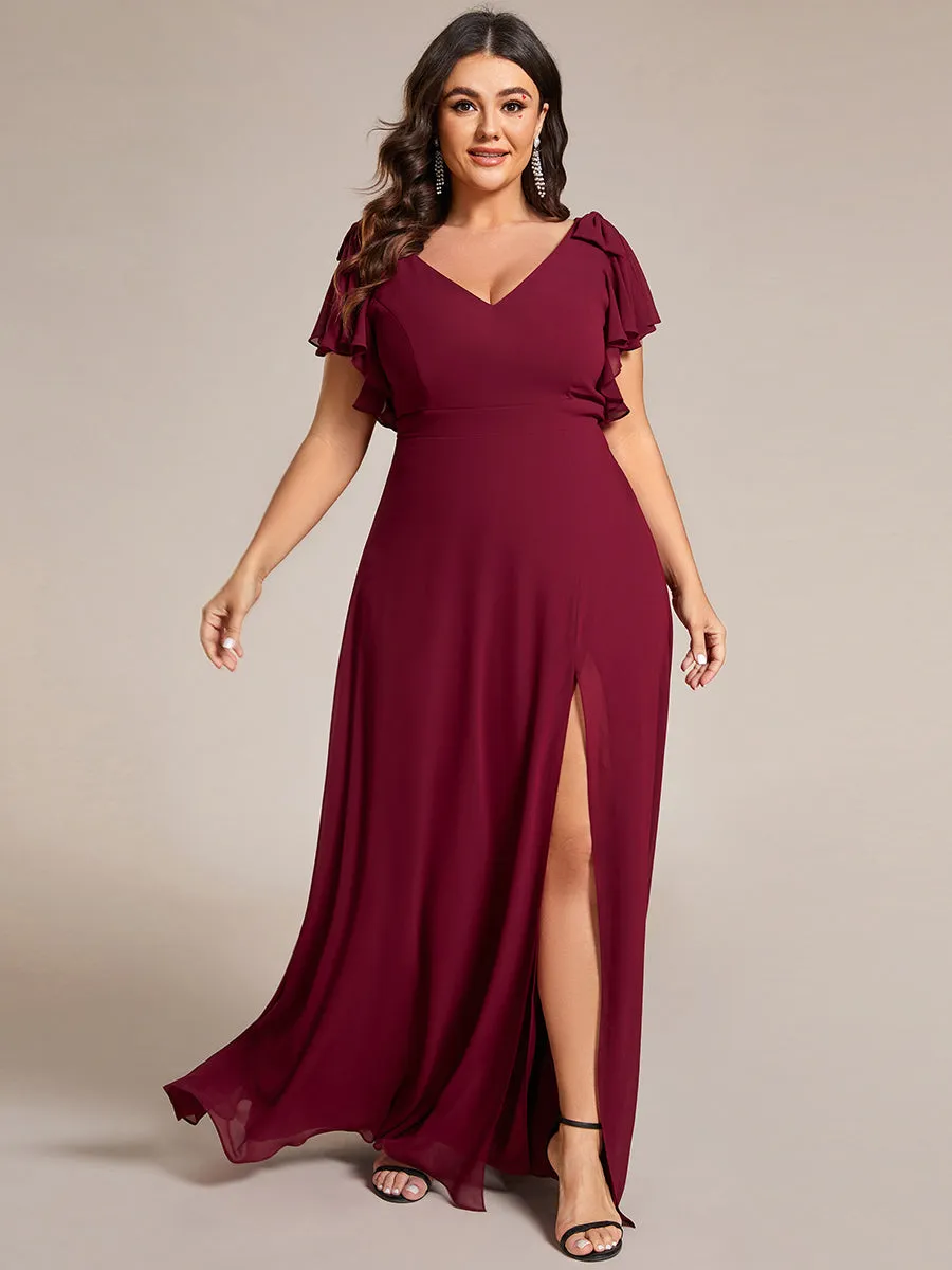 Plus Split Ruffles Sleeves with Bowknot V-neck Chiffon Bridesmaid Dress