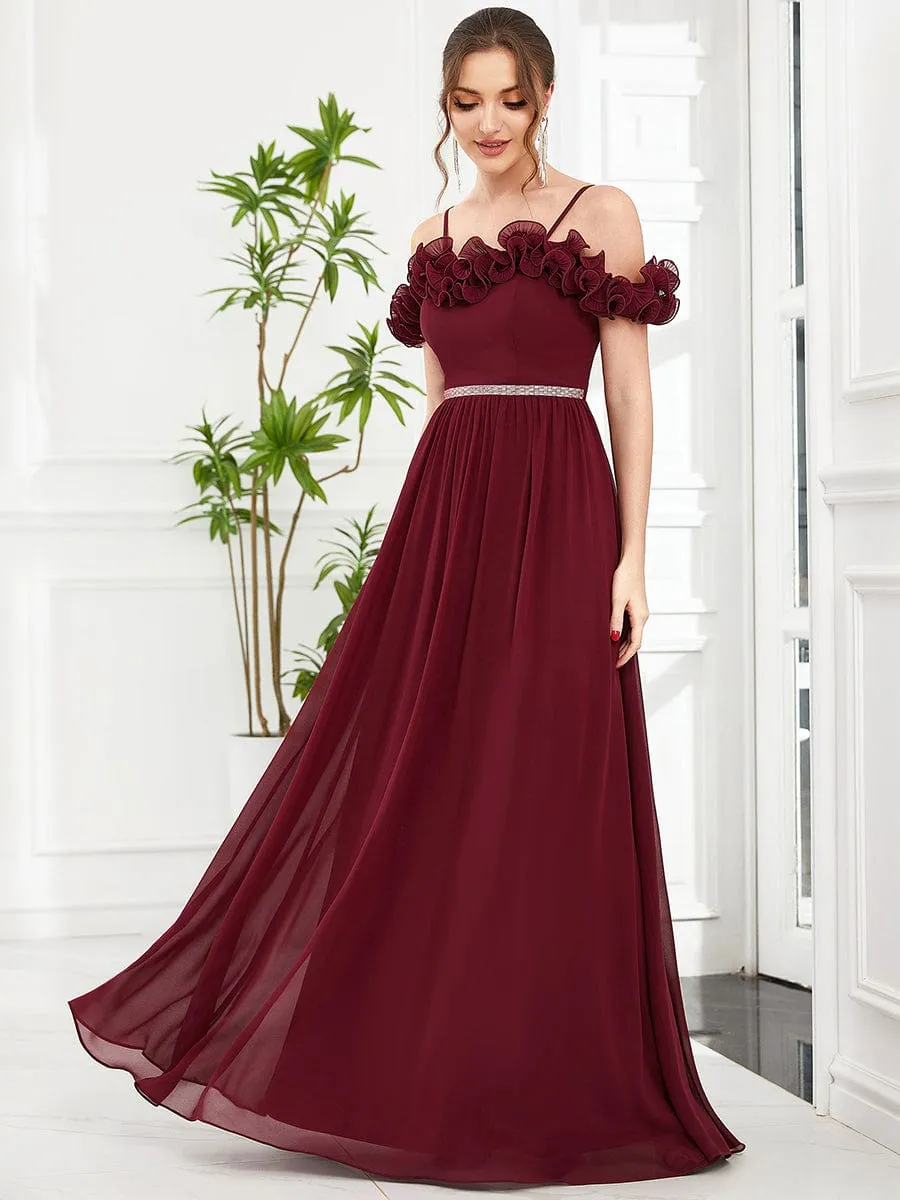 Ruffled Spaghetti Strap Sequin Waist Cold Shoulder Chiffon Bridesmaid Dress