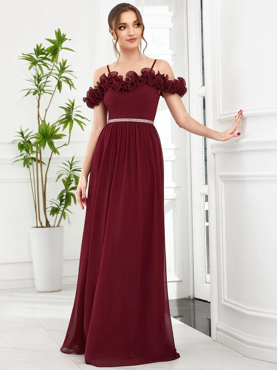 Ruffled Spaghetti Strap Sequin Waist Cold Shoulder Chiffon Bridesmaid Dress