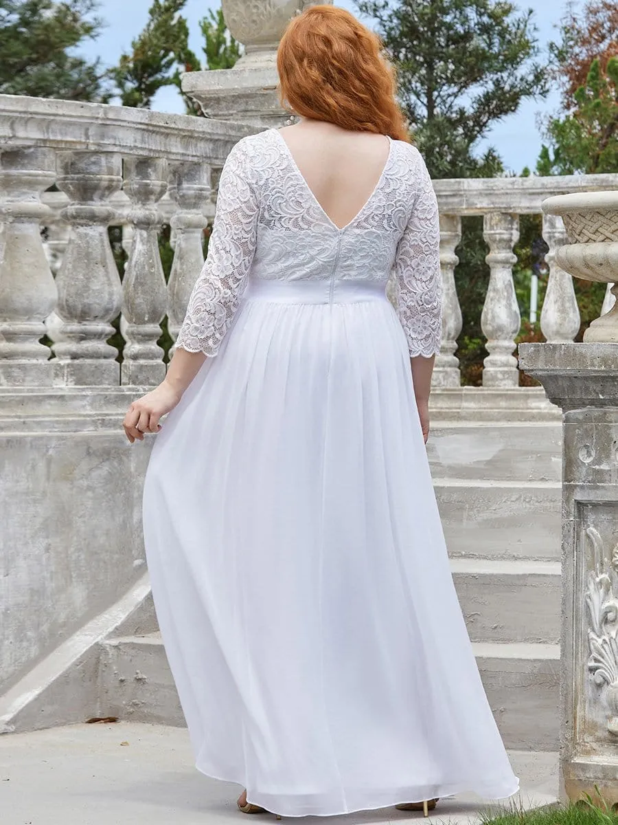 See-Through Floor Length Lace Chiffon Evening Dress with Half Sleeve