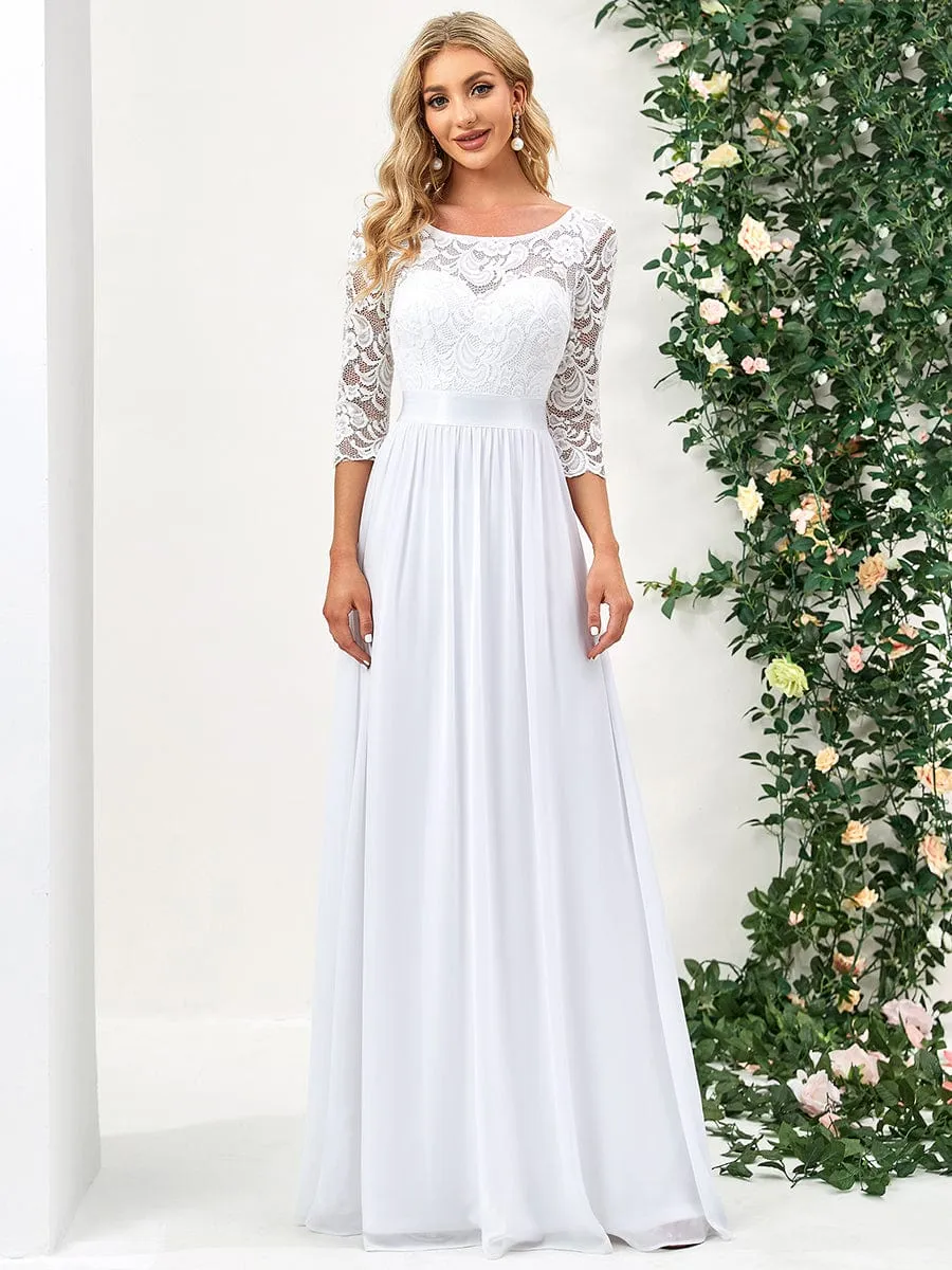 See-Through Floor Length Lace Chiffon Evening Dress with Half Sleeve