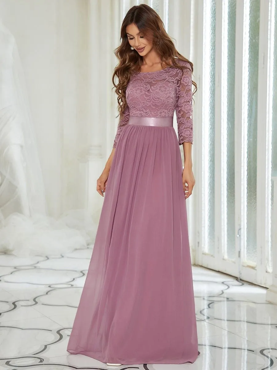 See-Through Floor Length Lace Chiffon Evening Dress with Half Sleeve